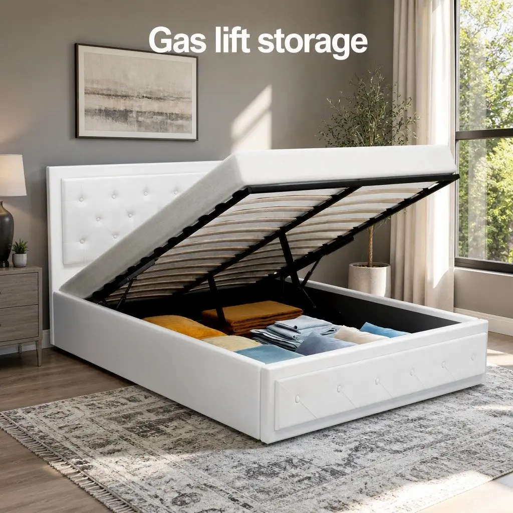 Double Gas Lift Bed Frame Upholstered Storage Ottoman White 202cm L x 144cm W x 99cm H