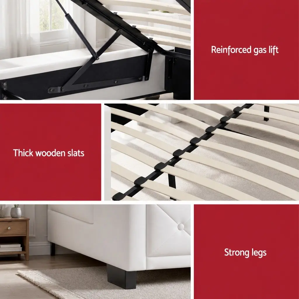 Double Gas Lift Bed Frame Upholstered Storage Ottoman White 202cm L x 144cm W x 99cm H