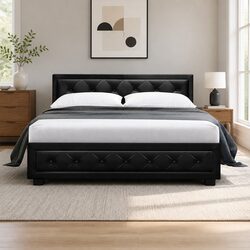 Double Size Gas Lift Bed Frame Storage Base Upholstered Headboard Black