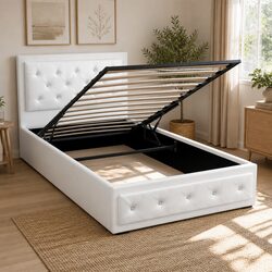 King Single Gas Lift Bed Frame with Storage White Upholstered Headboard