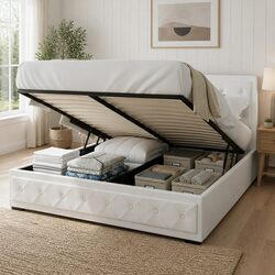 King Size Gas Lift Bed Frame White Upholstered Storage Bedroom Furniture