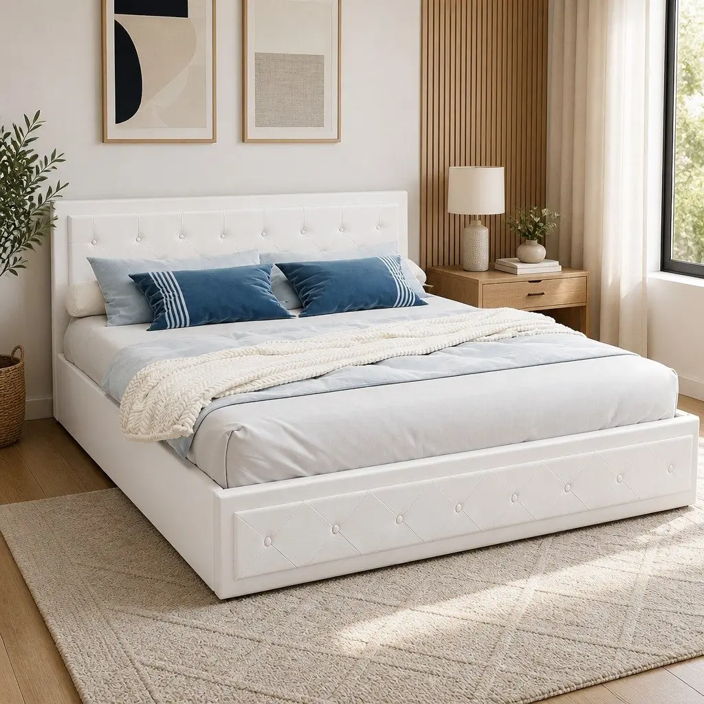 King Size Gas Lift Bed Frame White Upholstered Storage Bedroom Furniture
