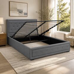 Queen Size Gas Lift Bed Frame with Storage Headboard Grey Upholstered