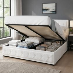Queen Size Gas Lift Bed Frame White Storage Upholstered Headboard Platform