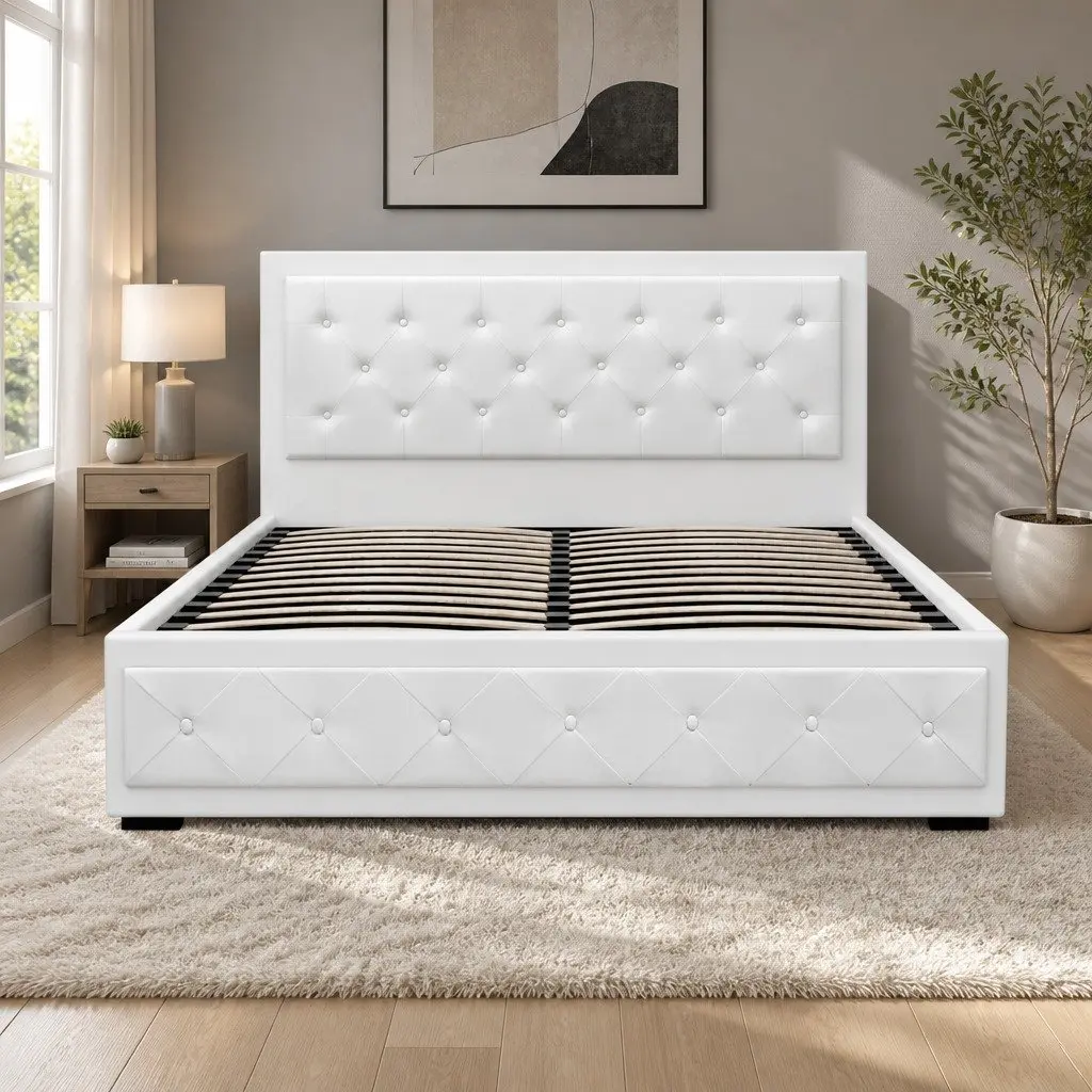 Queen Size Gas Lift Bed Frame White Upholstered Headboard Storage Platform