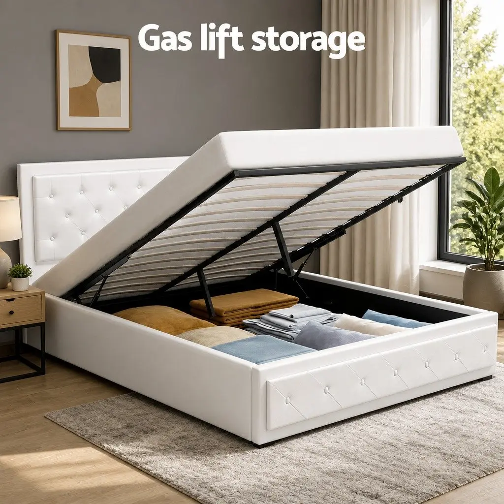 Queen Size Gas Lift Bed Frame White Upholstered Headboard Storage Platform