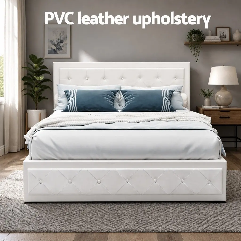 Queen Size Gas Lift Bed Frame White Upholstered Headboard Storage Platform