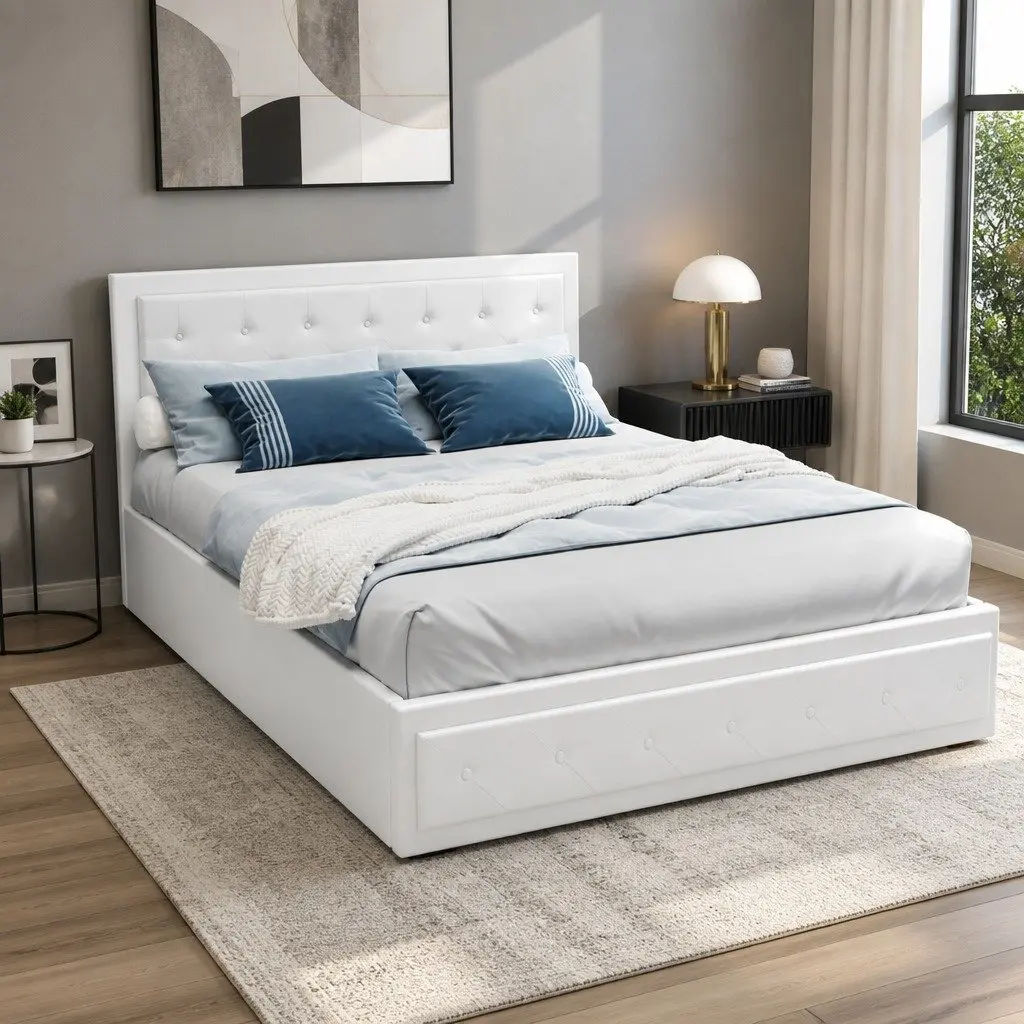 Queen Size Gas Lift Bed Frame White Upholstered Headboard Storage Platform
