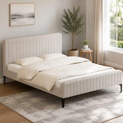Queen Bed Frame Beige Upholstered Padded Wooden Slats Foam Metal Legs