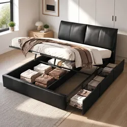 Queen Bed Frame Gas Lift Storage 3 Drawers Adjustable Headboard Platform Black