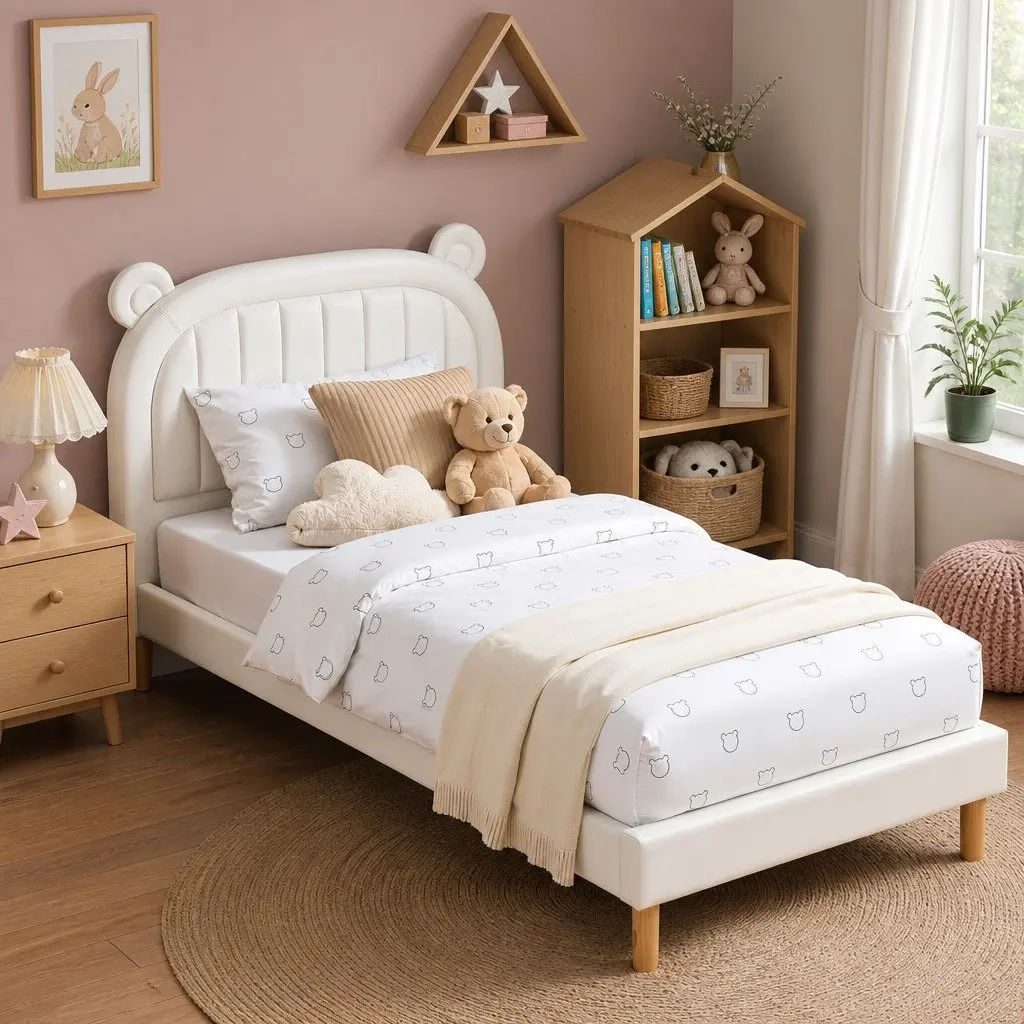Kids Bed Frame Upholstered Bear Ears Headboard AU King Single Beige White