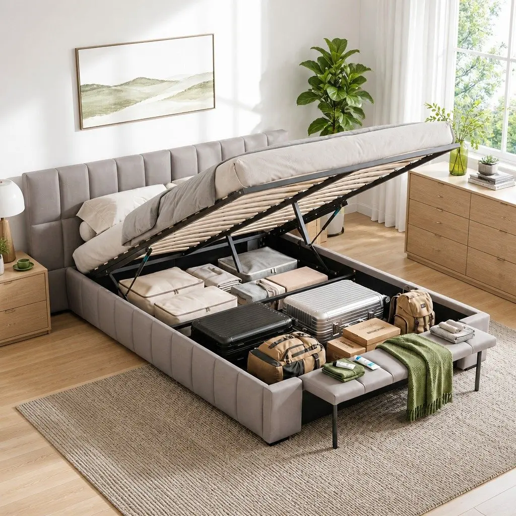 Queen Bed Frame Upholstered Gas Lift Storage Platform Bed with Foldable Bench