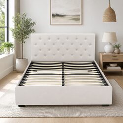 Double Bed Frame Gas Lift Storage Beige Upholstered Bedroom Furniture with