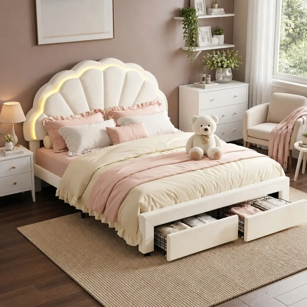 Double Bed Frame Upholstered LED Headboard with Storage Drawers White