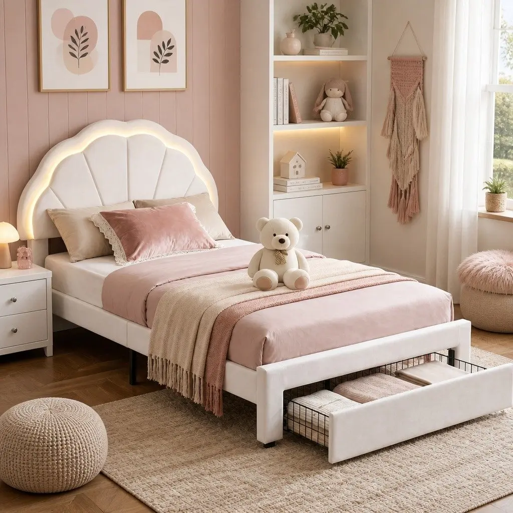 King Single Upholstered Bed Frame with Storage Drawer LED Headboard White