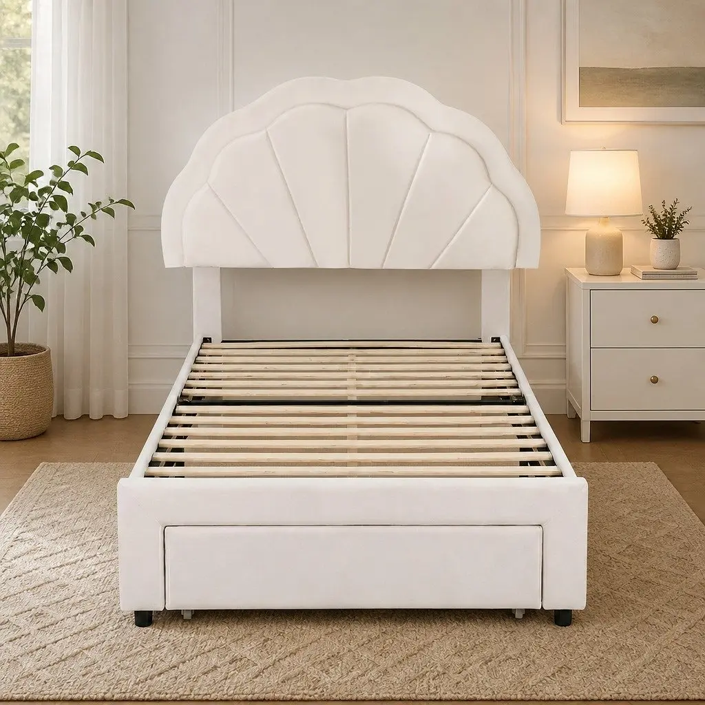 King Single Upholstered Bed Frame with Storage Drawer LED Headboard White
