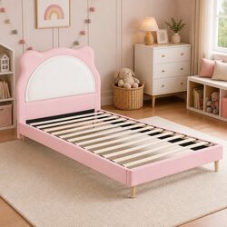 King Single Bed Frame Pink Kids Bedroom Upholstered Cute Animal Headboard Girls