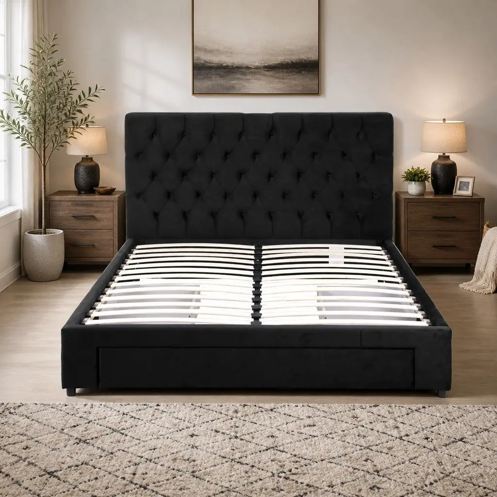 Queen Upholstered Bed Frame with Storage Drawers and Charging Station Black