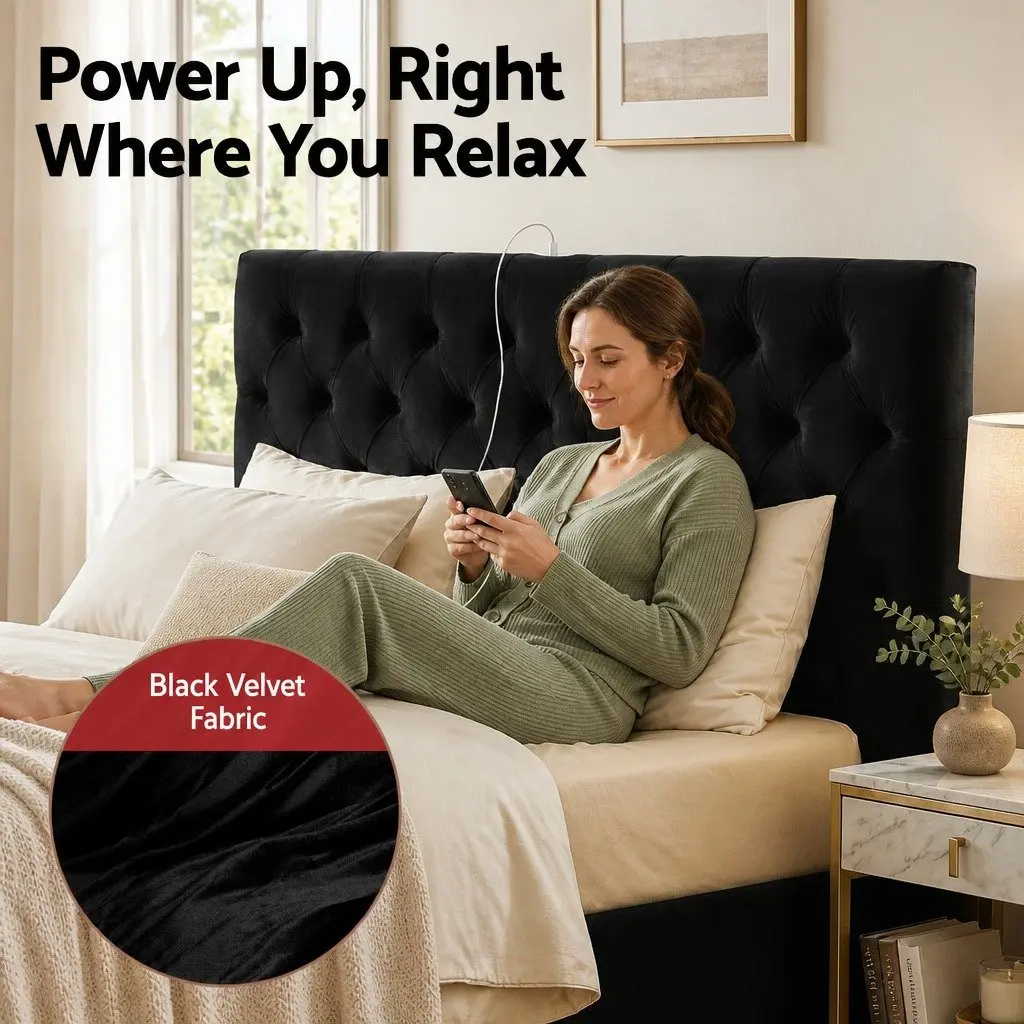 Queen Upholstered Bed Frame with Storage Drawers and Charging Station Black