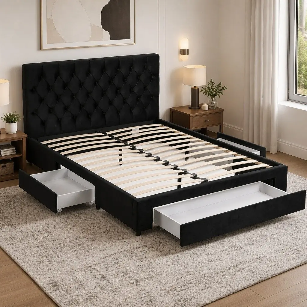 Queen Upholstered Bed Frame with Storage Drawers and Charging Station Black