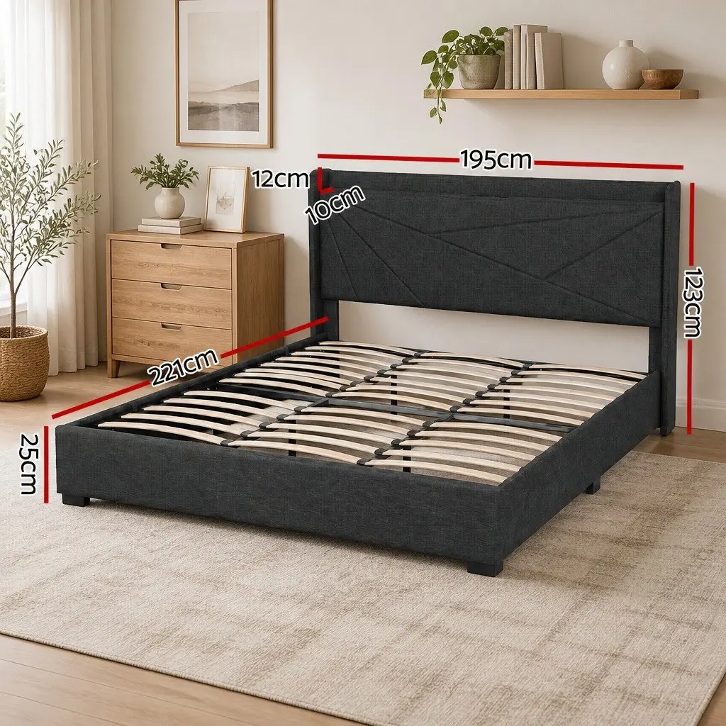 King Bed Frame Gas Lift Storage Upholstered Headboard Charging Ports Charcoal Grey