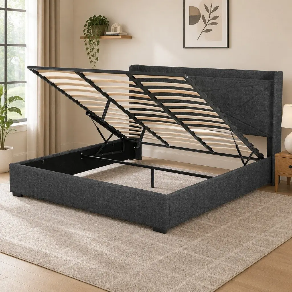 King Bed Frame Gas Lift Storage Upholstered Headboard Charging Ports Charcoal Grey