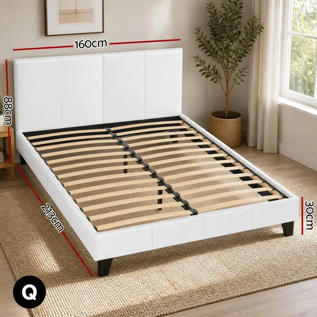Queen Size Bed Frame White Upholstered Wooden Slat Base Metal Connectors