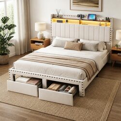 Queen Upholstered Bed Frame with Storage Drawers Charging Station Mood Lighting