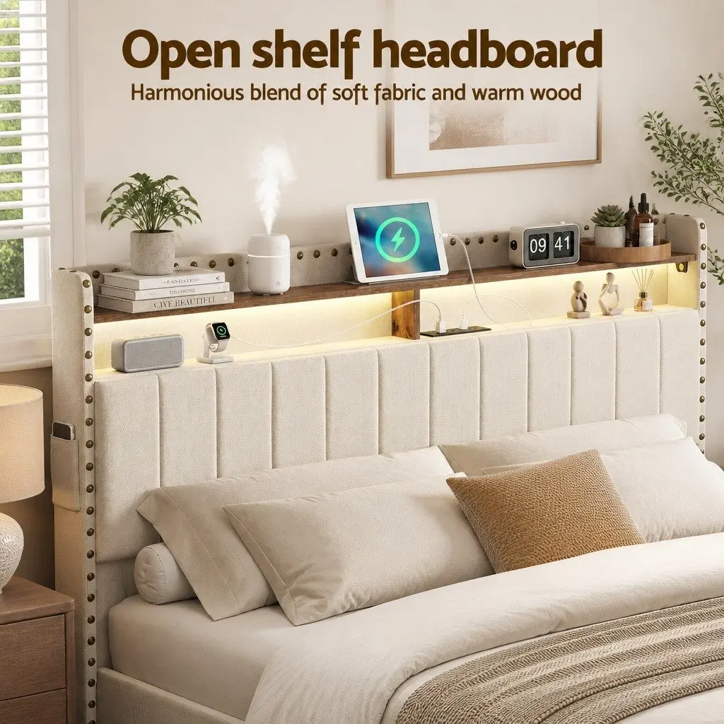 Queen Upholstered Bed Frame with Storage Drawers Charging Station Mood Lighting