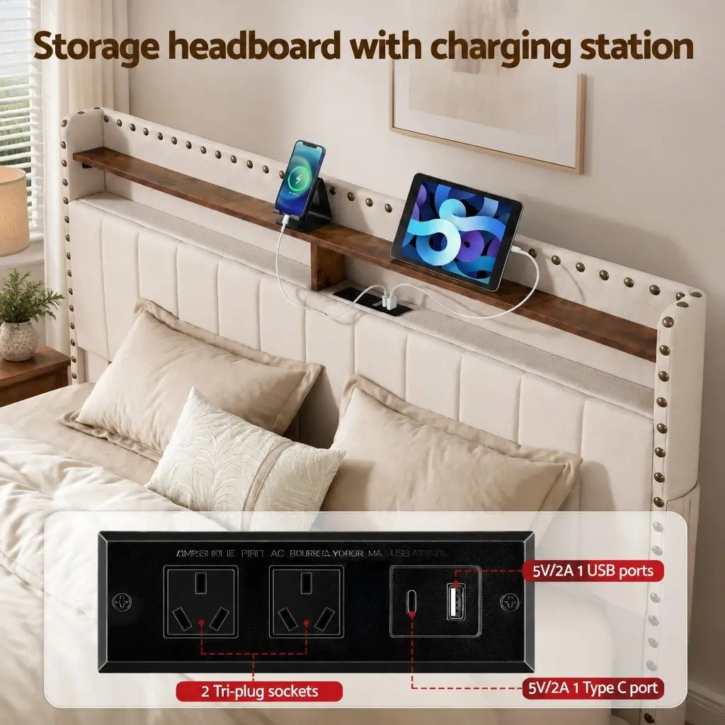 Queen Upholstered Bed Frame with Storage Drawers Charging Station Mood Lighting