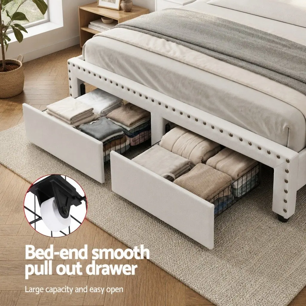 Queen Upholstered Bed Frame with Storage Drawers Charging Station Mood Lighting