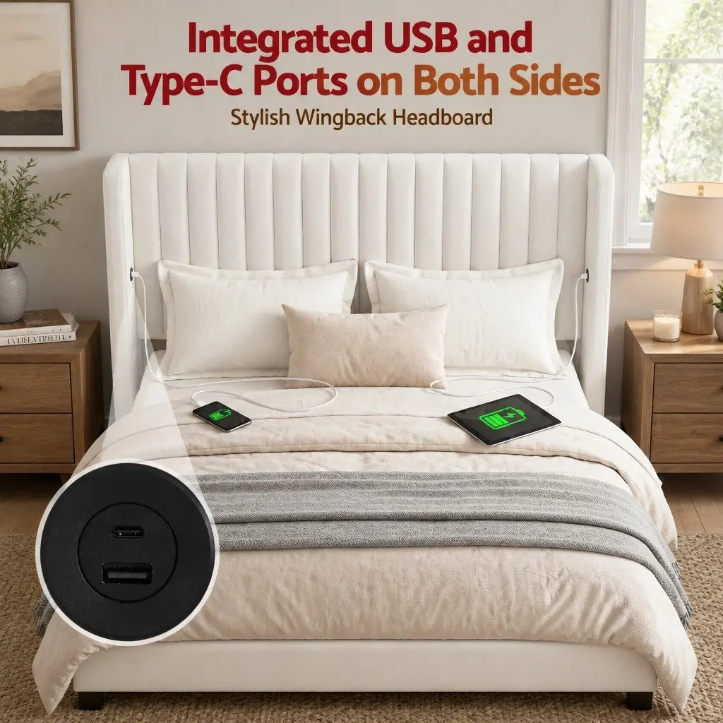 Double Bed Frame Gaslift Storage USB Type-C Charging Ports Velvet White