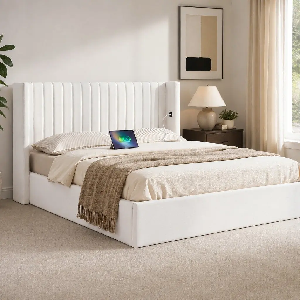 Double Bed Frame Gaslift Storage USB Type-C Charging Ports Velvet White