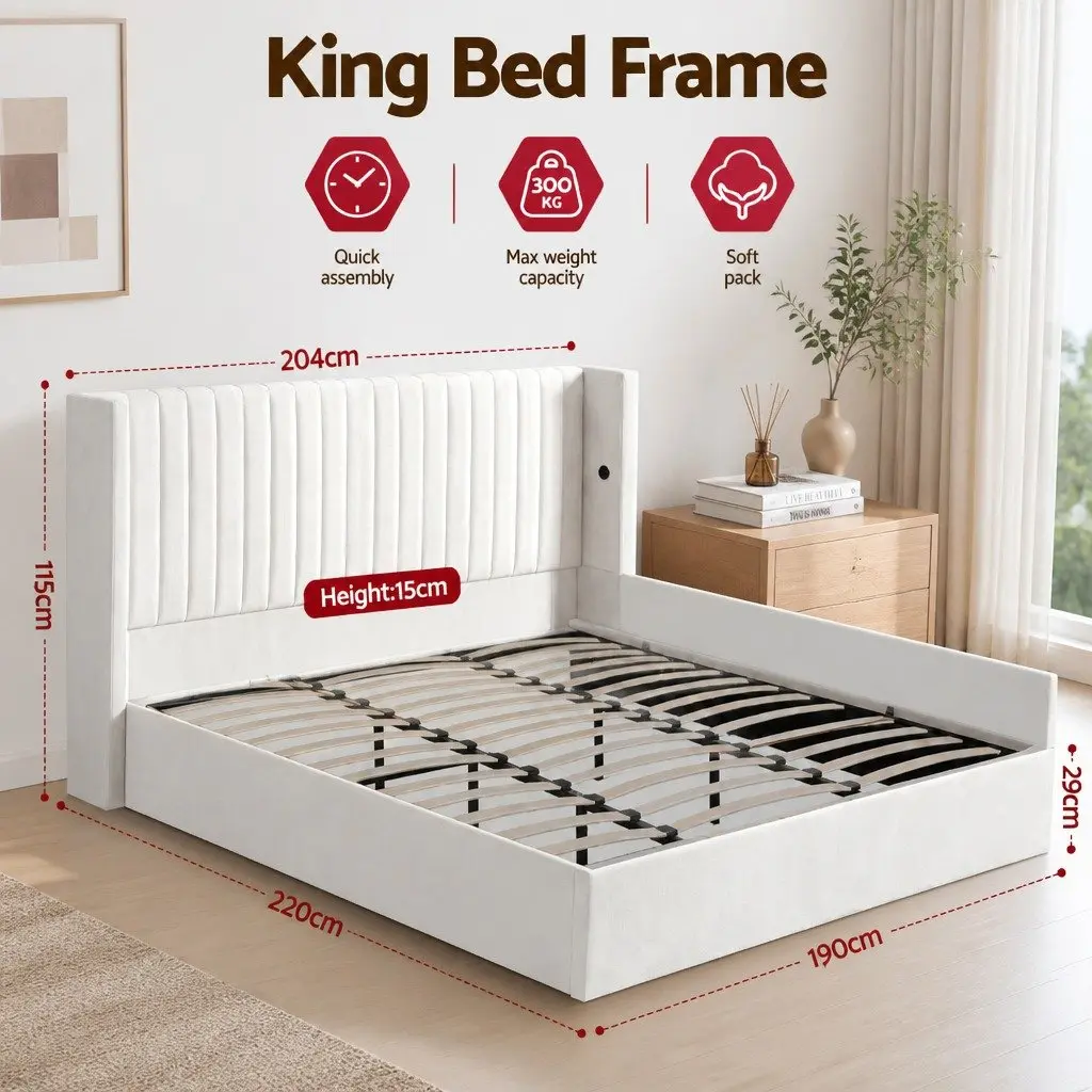 King Bed Frame with Gaslift Storage Dual USB Type-C Charging Ports Velvet White