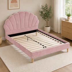 Double Bed Frame Scallop Pink Velvet Fabric Wooden Base Bedroom Furniture