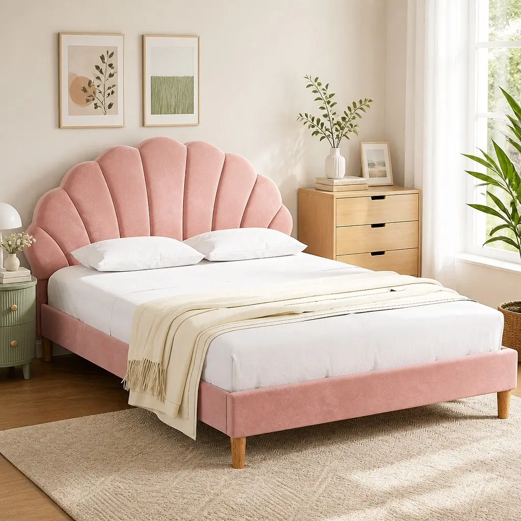 Double Bed Frame Scallop Pink Velvet Fabric Wooden Base