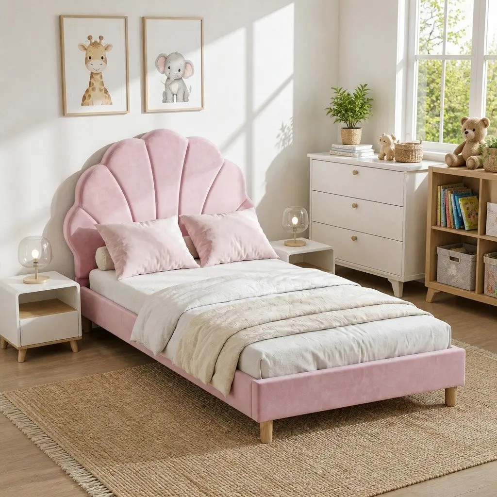 Single Bed Frame Scallop Upholstered Headboard Pink Platform Base 180kg Capacity