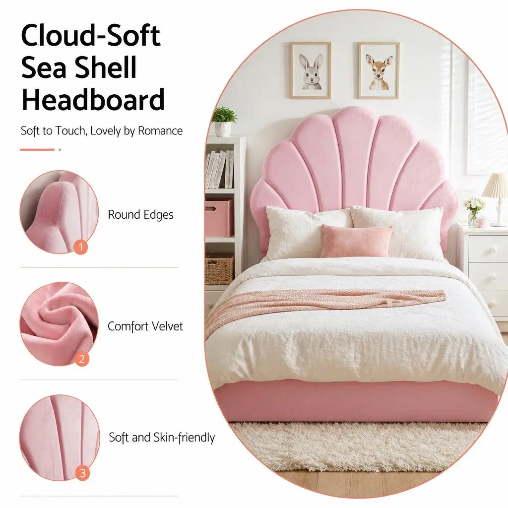 Single Bed Frame Scallop Upholstered Headboard Pink Platform Base 180kg Capacity