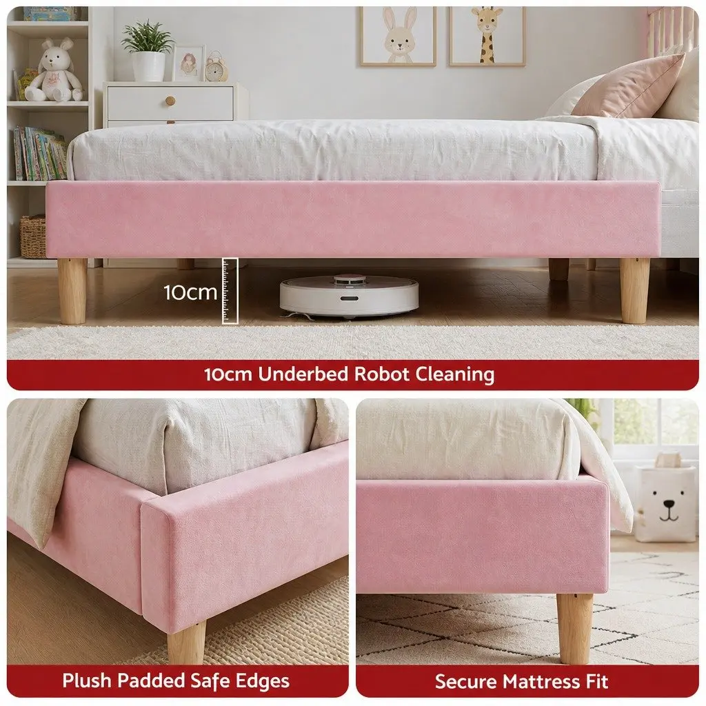 Single Bed Frame Scallop Upholstered Headboard Pink Platform Base 180kg Capacity
