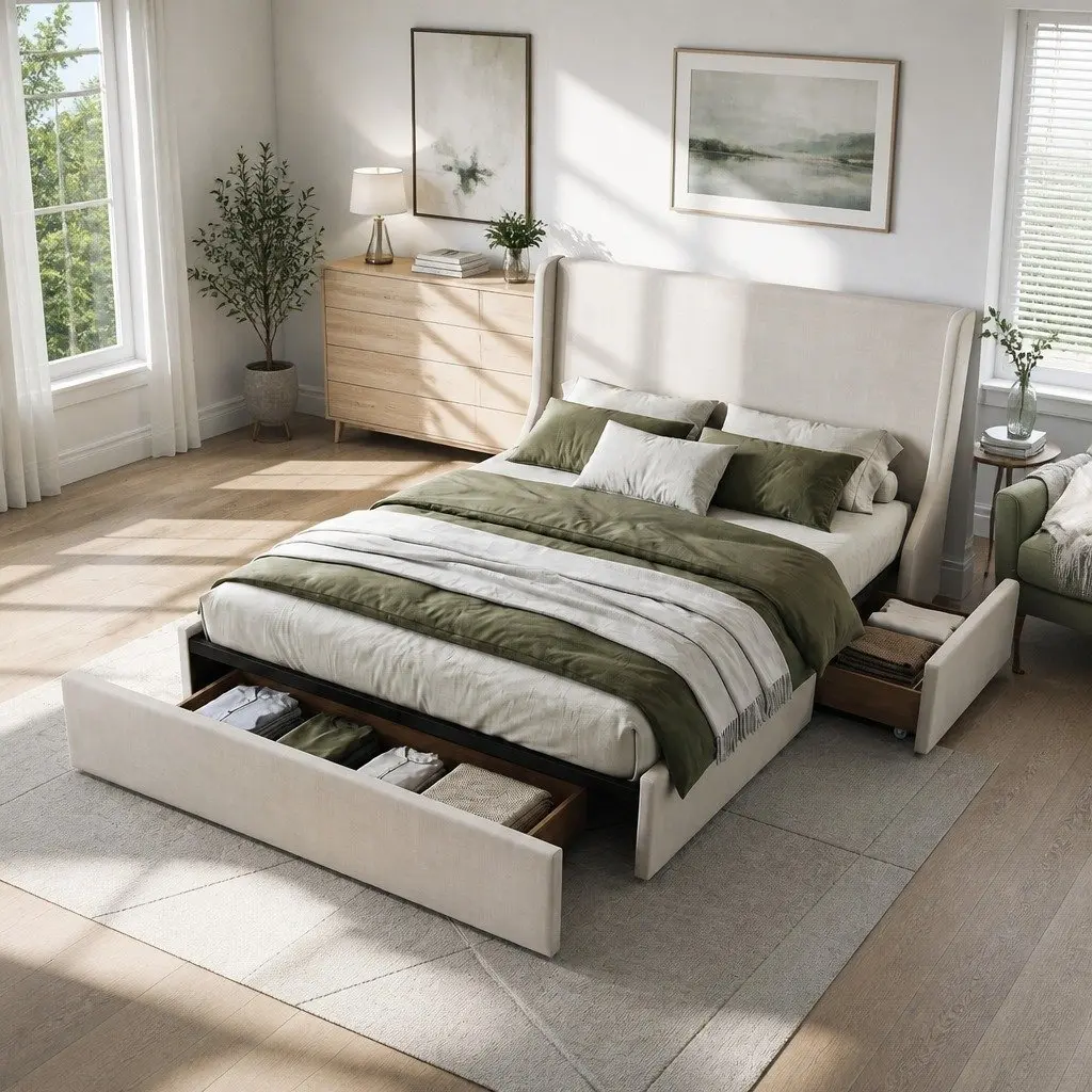 Double Upholstered Bed Frame with 3 Storage Drawers Wingback Headboard Metal