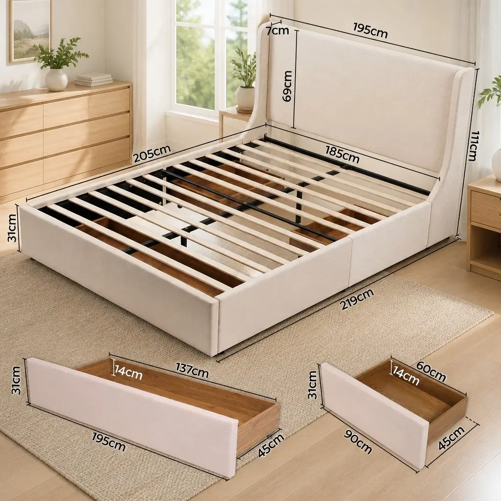 King Upholstered Bed Frame with Wingback Headboard and 3 Storage Drawers Beige Faux Linen