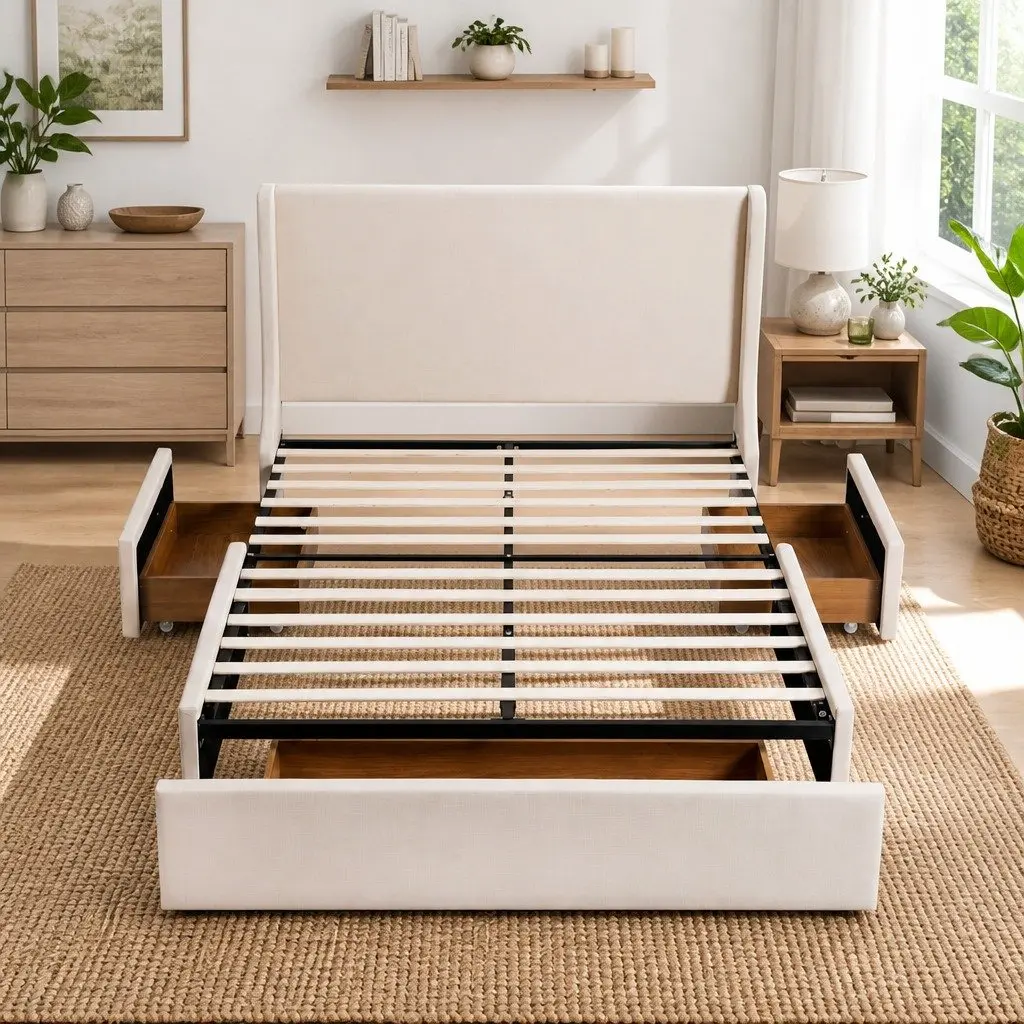 King Upholstered Bed Frame with Wingback Headboard and 3 Storage Drawers Beige Faux Linen