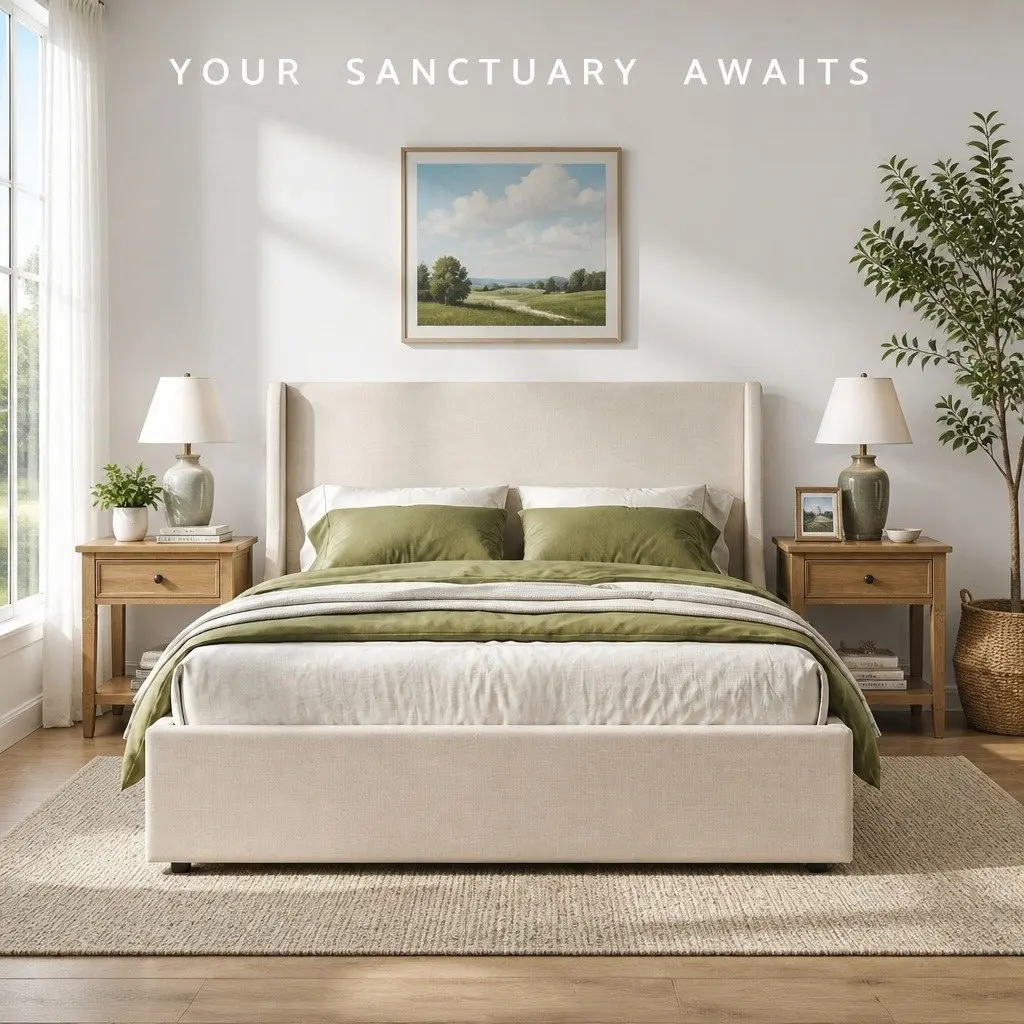 Queen Upholstered Bed Frame with Wingback Headboard and 3 Storage Drawers Beige Faux Linen