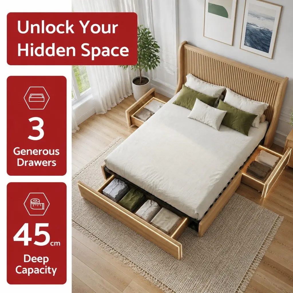 Queen Upholstered Bed Frame with Wingback Headboard and 3 Storage Drawers Beige Faux Linen