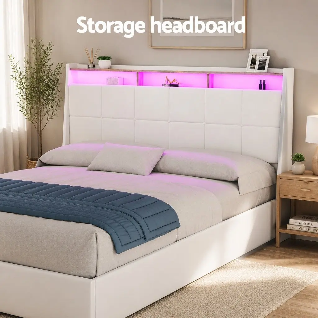Double Bed Frame Gas Lift Storage LED Lights White Platform Base