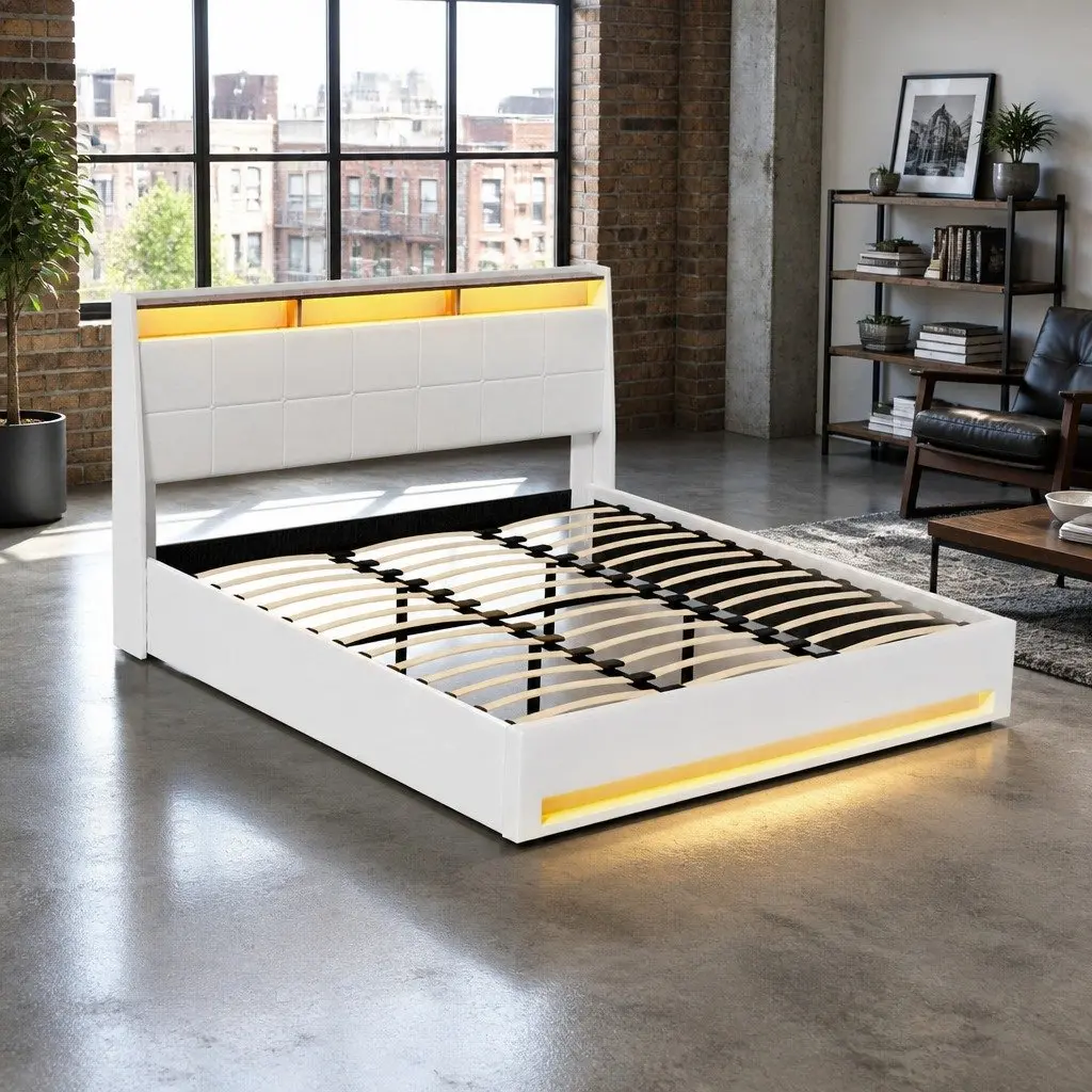 King Size Gas Lift Bed Frame with LED Lights and Storage Headboard White Upholstered Platform Base