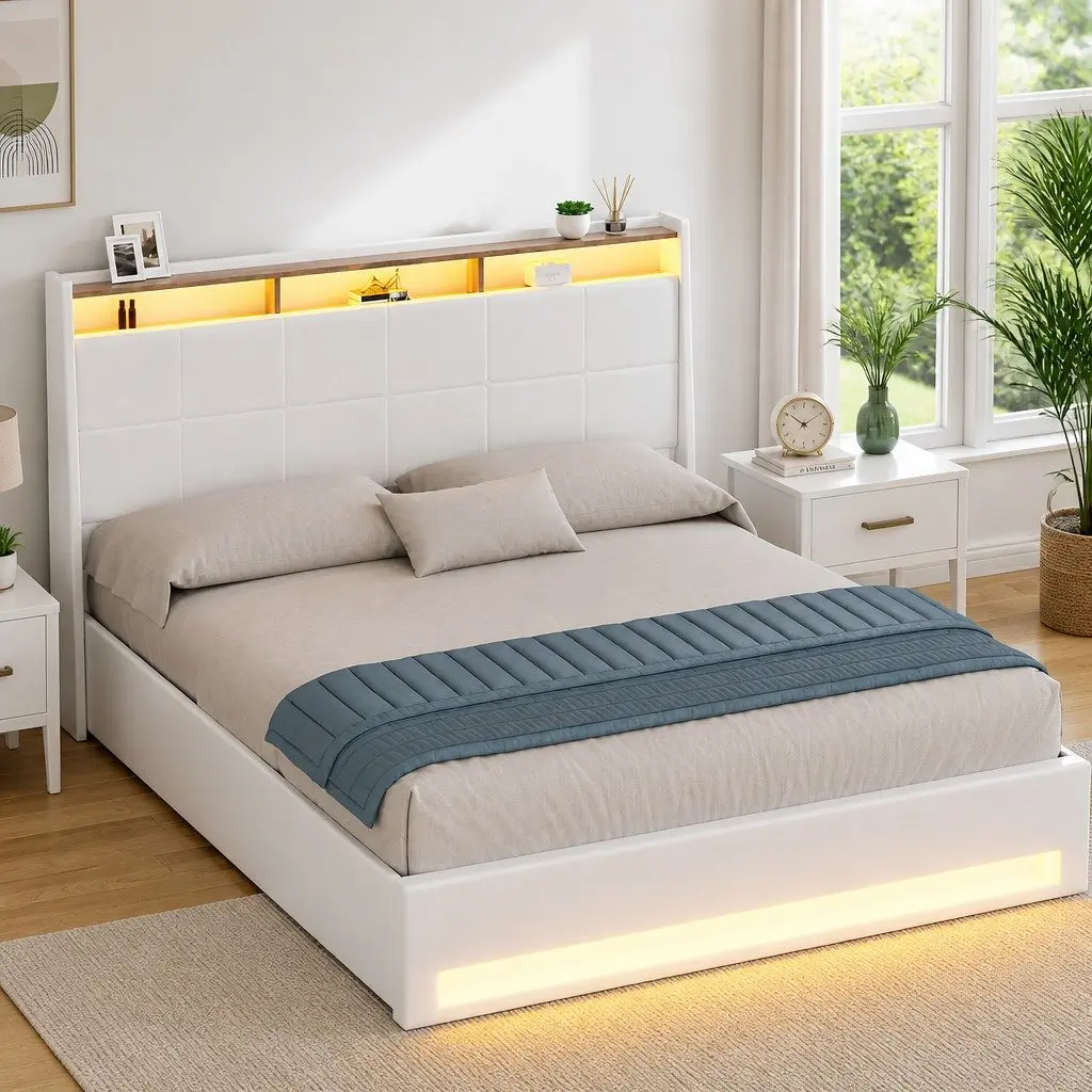 Queen Size Gas Lift Bed Frame with LED Headboard Storage White