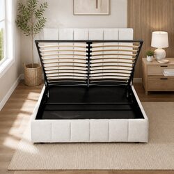 Queen Bed Frame Beige Upholstered Gas Lift Storage Wooden Slat Platform