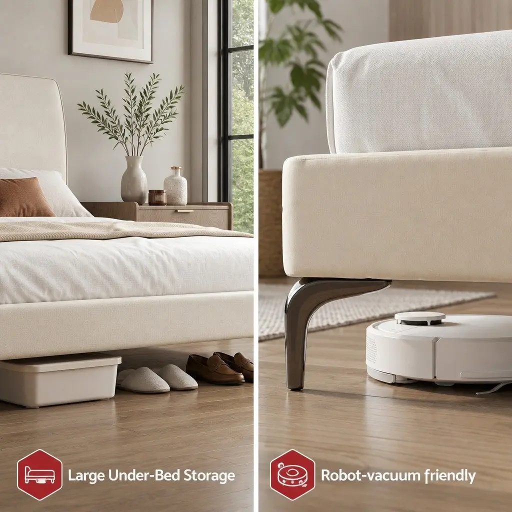 Double Bed Frame Upholstered Tufted Headboard 300kg Support Beige Velvet