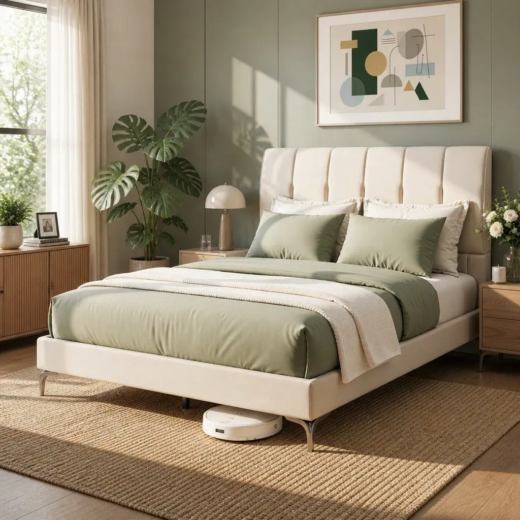 Double Bed Frame Upholstered Tufted Headboard 300kg Support Beige Velvet
